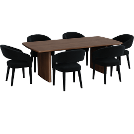 Perspective view of Citra Brown Mango Wood 86 Dining Table With Maia Black Upholstered Dining Chair Set For 6