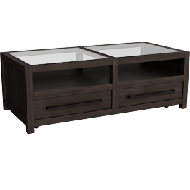 Perspective view of Sawyer Black 54 Wide Rectangle Glass Top & Wood Base Coffee Table, Storage, Drawers, Wheels, Shelf