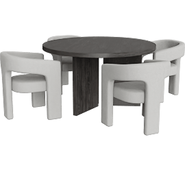 Perspective view of Mapleville Ebony Round Dining Table With 4 Light Grey Boucle Dining Chairs