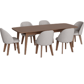 Perspective view of Casey Walnut Wood Self Storing Butterfly Leaf Extendable 72-90 Rectangular Dining Table With Draper Walnut Mid-Century Modern Curved Back Grey Boucle Fabric Dining Chair Set For 6