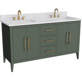 Perspective view of Oasis 60 Double Sink 4 Door 3 Drawer Bath Vanity Cabinet With Marble Top & Nickle Hardware, Green