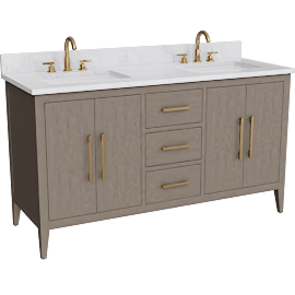 Perspective view of Oasis 60 Double Sink 4 Door 3 Drawer Bath Vanity Cabinet With Marble Top & Gold Hardware, Driftway Grey