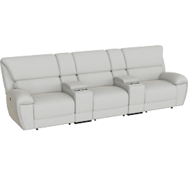 Perspective view of Neo Beige Ivory 5 Piece Power Reclining Modular Home Theater Sectional With Power Headrest & USB, Adjustable Headrests, Curved