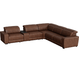 Perspective view of Eastvale Brown Leather 139 Power 6 Piece Modular Reclining Sectional with Power Headrests & Charging Ports