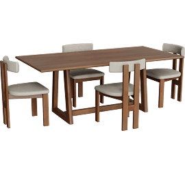 Perspective view of Lyra Brown Wood Rectangular 78 Dining With Cream Curved Back Upholstered Chairs Set For 4