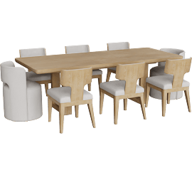 Perspective view of Mika Natural Oak Wood 80-98" Extendable Rectangular Dining With Side + Barrel Back Chair Set For 8