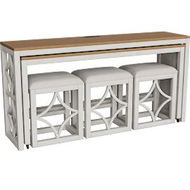Perspective view of 72 Cottage White + Brown Wood 5 Piece Sliding Bar Console Table With 3 Stools, Entryway
