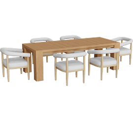 Perspective view of Satori Natural Reclaimed Solid Pine Wood Rectangular 96 Parsons Dining Table With Freya Curved Chairs Set for 6
