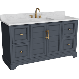 Perspective view of Urban 54 Blue Single Sink 4 Door 2 Drawer Bath Vanity Cabinet With Marble Top & Nickle Hardware