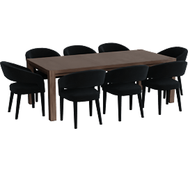 Perspective view of Sawyer Brown Walnut Wood 68-88'' Extendable Rectangular Parsons Dining Table With Maia Black Upholstered Dining Chair Set For 8