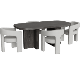 Perspective view of Mapleville Ebony Dining Table With 4 Light Grey Boucle Dining Chairs