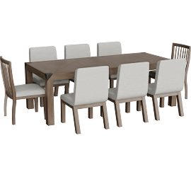 Perspective view of Luis Natural Rectangular 72-90 Extendable Dining Table With 6 Upholstered + 2 Wood Back Chair Set For 8, Acacia, Parsons