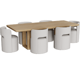 Perspective view of Mika Natural Oak Wood 80-98" Extendable Rectangular Dining With Curved Back Set For 6