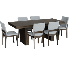 Perspective view of Kode Dark Walnut/Stone Gray Wood Rectangular Dining Table Set For 6