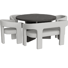 Perspective view of Mapleville Ebony Round Dining Table With 4 Light Dining Chairs And Light Grey Bench
