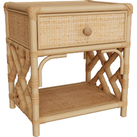 Perspective view of Amara Boho Natural Brown Rattan 1-Drawer Nightstand