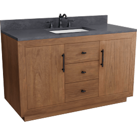 Perspective view of 48" Light Brown Single Sink 2 Door & 3 Drawer Bath Vanity Cabinet, Black Limestone Top & Black Hardware