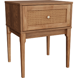 Perspective view of Zemi Ash Walnut Finished Wood And Rattan 1-Drawer Nightstand