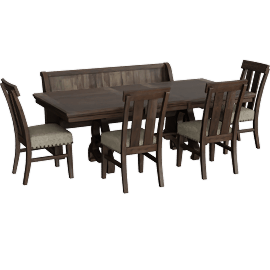 Perspective view of Darlene Natural Grey Rectangular Wood Dining, Bench, 4 Side Chairs Set For 6, Trestle, Pine