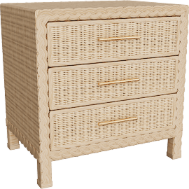 Perspective view of Zanica Japandi Sun Bleached Rattan 3-Drawer Nightstand