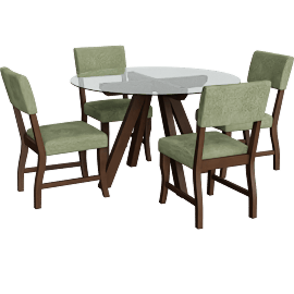 Perspective view of Deville Dining Table Set For 4, Green Side Chairs