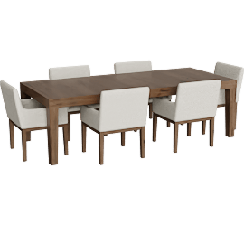 Perspective view of Linne Brown Rectangular Dining Table Set For 6 With Side & Arm Chairs
