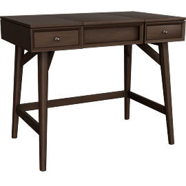 Perspective view of Springbrook Walnut Wood 2-Drawer Bedroom Makeup Vanity Desk With Flip Top Mirror & Storage