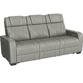 Perspective view of Greeley Grey Leather 84.5 Power Double Reclining Sofa With Center Drop-Down Cup Holders Power Headrests Storage Arms With Cup Holders Reading Lights Wireless Charger Air Massage And Heat Led Lighting And Charging Ports