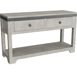 Perspective view of 48 Rustic Grey Wood + Metal Storage Sofa Table With 2 Drawers + Shelf, Mahogany, Shelves