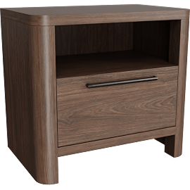 Perspective view of Zariah Brown Walnut Wood 1-Drawer Nightstand, Teak