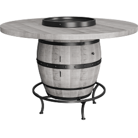Perspective view of Doyle Rust Grey Wood Round Pub Table With Wine Barrel Base + Lazy Susan, Mindi, 4 Seat