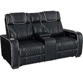 Perspective view of Greeley Black Leather 72 Power Double Reclining Love Seat With Center Console Power Headrests Storage Arms With Cup Holders Wireless Charger Air Massage And Heat Led Lighting And Charging Ports