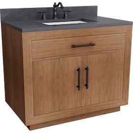 Perspective view of 36" Brown Single Sink 2 Door & 1 Drawer Bath Vanity Cabinet With Limestone Top & Black Hardware