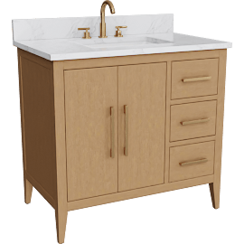 Perspective view of Oasis 36 Single Sink 2 Door 3 Drawer Bath Vanity Cabinet With Marble Top & Gold Hardware, Brown