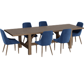 Perspective view of Kai Brown Cracked Oak Extendable Dining Table Set With Nora Chairs Set For 6