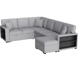 Perspective view of Dimitri Grey Boucle Fabric U shaped Sleeper Sectional with Right Chaise Pull-Out Bed Hidden Storage & Charging Ports