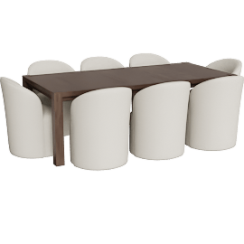 Perspective view of Sawyer Brown Walnut Wood 68-88'' Extendable Rectangular Parsons Dining Table With Mira II Modern Barrel Back White Boucle Dining Chair With Wheels Set For 8