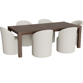 Perspective view of Sawyer Brown Walnut Wood 68-88'' Extendable Rectangular Parsons Dining Table With Mira II Modern Barrel Back White Boucle Dining Chair With Wheels Set For 6