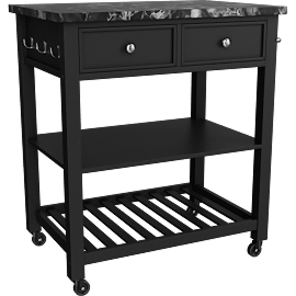 Perspective view of Lodi Faux Marble Kitchen Bar Cart With Wheels, Black