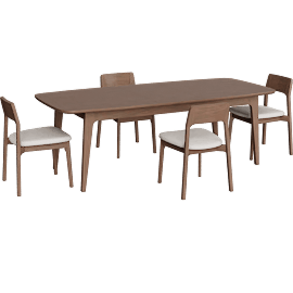 Perspective view of Casey Walnut Wood Self Storing Butterfly Leaf Extendable 72-90 Rectangular Dining Table With 4 Upholstered Side Chair