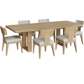 Perspective view of Mika Natural Oak Wood 80-98" Extendable Rectangular Dining With Wood + Upholstered Side Chair Set For 6
