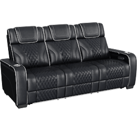 Perspective view of Greeley Black Leather 84.5 Power Double Reclining Sofa With Center Drop-Down Cup Holders Power Headrests Storage Arms With Cup Holders Reading Lights Wireless Charger Air Massage And Heat Led Lighting And Charging Ports
