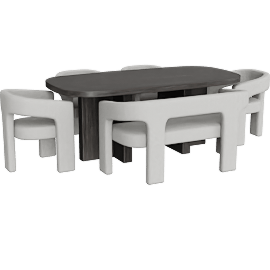 Perspective view of Mapleville Ebony Dining Table With 4 Light Grey Dining Chairs And Light Grey Bench
