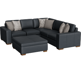 Perspective view of Big Sur Blue Leather 108 3 Piece L-Shaped Modular Sectional & Cocktail Ottoman