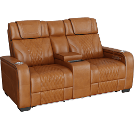 Perspective view of Greeley Brown Leather 72 Power Double Reclining Love Seat With Center Console Power Headrests Storage Arms With Cup Holders Wireless Charger Air Massage And Heat Led Lighting And Charging Ports