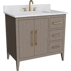 Perspective view of Oasis 36 Single Sink 2 Door 3 Drawer Bath Vanity Cabinet With Marble Top & Gold Hardware, Driftwood Grey