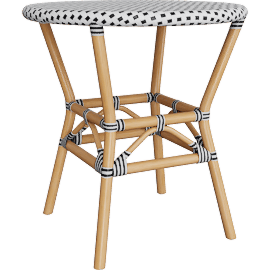 Perspective view of Tavor Classic French Black And White Multicolor Weaving And Natural Brown Wood Rattan Indoor And Outdoor Bistro Table, Round, 2 Seat