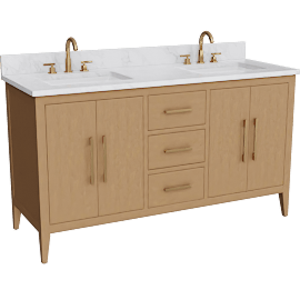 Perspective view of Oasis 60 Double Sink 4 Door 3 Drawer Bath Vanity Cabinet With Marble Top & Gold Hardware, Natural Oak