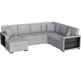 Perspective view of Dimitri Grey Boucle Fabric U shaped Sleeper Sectional with Left Chaise Pull-Out Bed Hidden Storage & Charging Ports