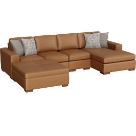 Perspective view of Big Sur Natural Saddle Brown Leather 3 Piece Modular Sectional with Right Arm Facing Chaise & Cocktail Ottoman